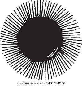 Vector sun symbol in engraving technique. Ethnic style illustration. Occultism, medieval religion, retro, spirituality and esoteric tattoo. Astrology map. 