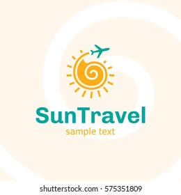 Vector Sun Travel logo design template. Bright yellow and blue summer label for travel, holiday agency. Isolated circle sun, shell logo illustration with plane sign. Cruise colorful geometric concept