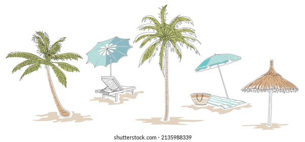 Paraguas de sol vectorial y palmera, ilustración tropical de playa de verano