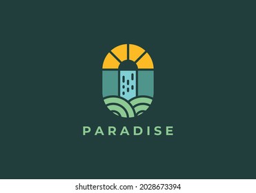 Vector sun with waterfall logo. National park emblem badge vector illustration.
