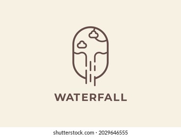Vector sun with waterfall, outline style, linear or line art style logo. National park emblem badge vector illustration.
