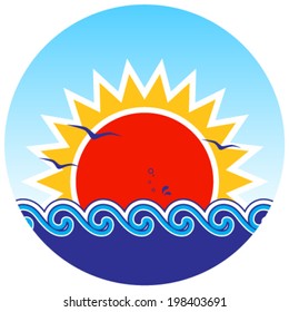 vector sun and waves in round isolated on white background