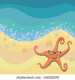 Vector sunbathing starfish in sunglasses on beach. Funny cheerful sea personage in cartoon style on seashore. Vintage colorful abstract illustration with concept of seaside resort, vacation, diving