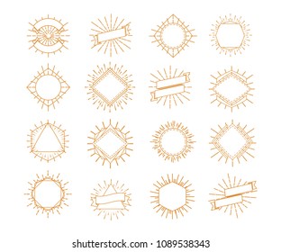 Vector sunburst frame set gold style isolated on white background for logo, shop, market emblem, tag, badge, decoration. Star, firework explosion, rays of light collection. 10 eps