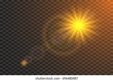 Vector sunburst with Lens flare light over black background. Easy to add overlay or screen filter over photo . transparent sunlight special lens flare light effect. Sun flash with rays and spotlight.