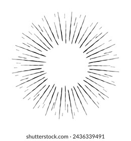 Vector sunburst and rays of sun. Hand drawn light rays vintage frame isolated on white background. Sketch of sun rays, burst or explosion with space for text. Vector illustration