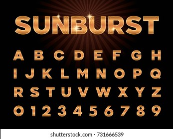 Vector of Sunburst rounded font and alphabet, Gold letters set