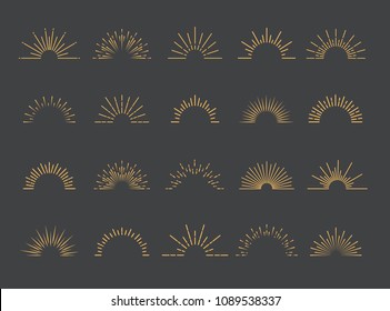 Vector sunburst set gold style isolated on gray background for emblem, logo, tag, stamp, t shirt, banner. 10 eps