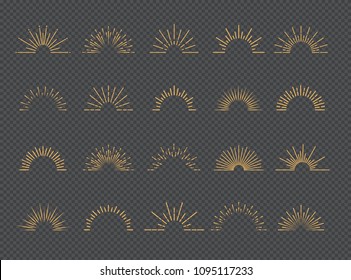 Vector sunburst set gold style isolated on transparent background for logotype, emblem, logo, tag, stamp, t shirt, banner. 10 eps