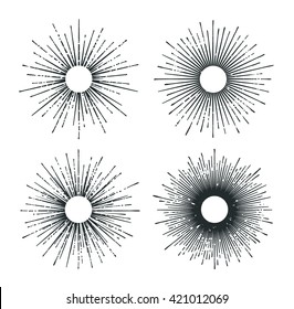 Vector sunbursts isolated on white. Vintage design elements. Retro style decorative sun beams. Hand drawn radial sunshine shapes. 