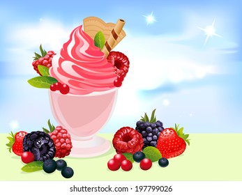 vector sundae illustration with berry and blue sky