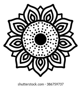 Vector sunflower. Black and white bohemian texture, boho decorative ornament. Mandala pattern, floral folk background, sun symbol