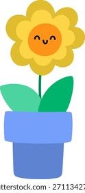 Girasol de Vector en icono de maceta azul. Ilustración de flor de sol floreciente naranja. Clipart floral. Lindo verano, jardín o florecimiento de pueblo de Pascua aislado sobre fondo blanco. Imagen de la planta de granja
