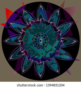 VECTOR SUNFLOWER  IN BLUE AND PURPLE MANDALA, ABSTRACT BACKGROUND . YOGA PRACTICE