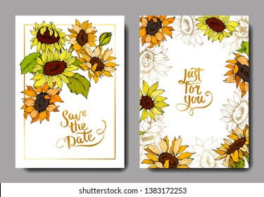 Vector Sunflower botanical flowers. Yellow and green engraved ink art. Wedding background card floral decorative border. Thank you, rsvp, invitation elegant card illustration graphic set banner.