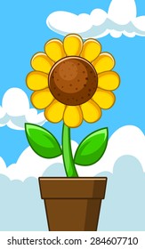 vector sunflower cartoon in a pot with cloudy sky background