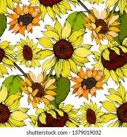 Vector Sunflower floral botanical flower. Wild spring leaf wildflower isolated. Yellow and green engraved ink art. Seamless background pattern. Fabric wallpaper print texture.
