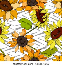 Vektor Sonnenblumen Blumen Blumen botanische Blume. Wilde Frühlingsblattblume einzeln. Gelbe und grüne Farbenprägung. Nahtlose Hintergrundmuster. Tapete-Tapete-Druckstruktur.