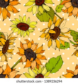 Vector Sunflower floral botanical flower. Wild spring leaf wildflower isolated. Yellow and green engraved ink art. Seamless background pattern. Fabric wallpaper print texture.