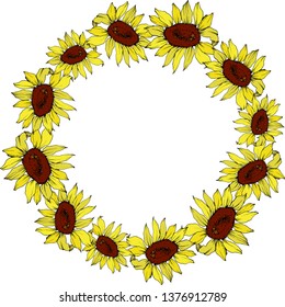 Vector Sunflower floral botanical flowers. Wild spring leaf wildflower isolated. Yellow and green engraved ink art. Frame border ornament square.