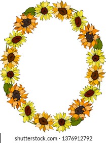 Vector Sunflower floral botanical flowers. Wild spring leaf wildflower isolated. Yellow and green engraved ink art. Frame border ornament square.