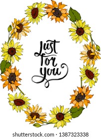 Vector Sunflower floral botanical flowers. Wild spring leaf wildflower isolated. Yellow and green engraved ink art. Frame border ornament square.