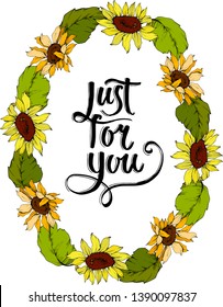 Vector Sunflower floral botanical flowers. Wild spring leaf wildflower isolated. Yellow and green engraved ink art. Frame border ornament square.