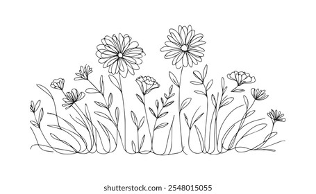 Vector Sunflower illustration. Flower arrangement drawing in line art style. Botanical sketch painted by black inks. Hand Drawn Bouquet Graphics element outline