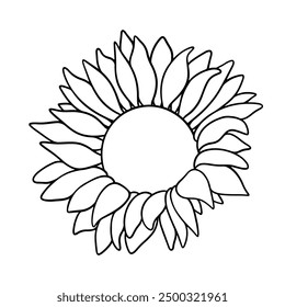 Vector girasol ilustración en estilo de arte de línea. Dibujo gráfico monocromo. Dibujado a mano boceto de contorno floral, ilustración grabada. Elemento de diseño para colorear página de libro, tatuaje, logotipo, icono, etiqueta.