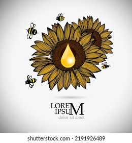 Vector Sunflower isolated with bees. Hand drawn flat Sunflower illustration. Summer flower clipart. a drop of honey and oil.