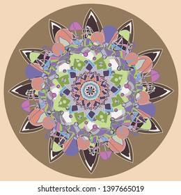 vector sunflower mandala in pastel colors, pink, orange, green, brown, plane light pink  background