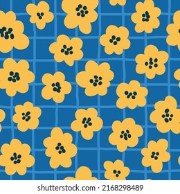 Vector sunflower seamless pattern. Doodle yellow flowers on blue checked background.