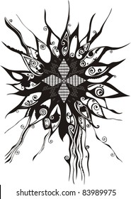 Vector sunflower silhouette - black ornamental flower on white background with decorative elements
