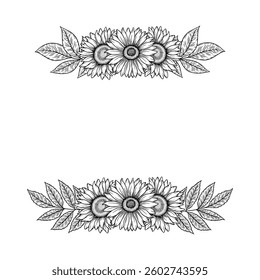 Vector sunflowers border frame illustration, line art floral composition. Graphic monochrome drawing. Hand drawn flowers outline sketch, engraved illustration. Template for wedding invitation, logo.
