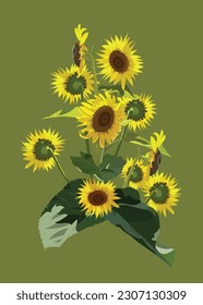 Vector sunflowers composition with leaves, foliage, branches, fern leaves and space for your text