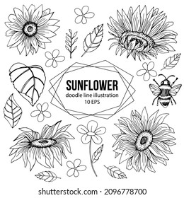 Vector Sunflowers illustration set with Leaf, Bee, Black and White Floral outline set, Sunflower summer clipart