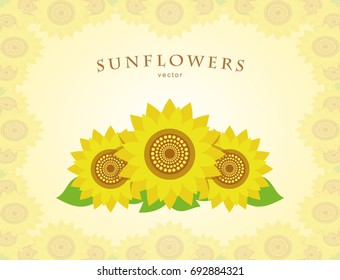 Vector sunflowers with leaves. Flower frame
