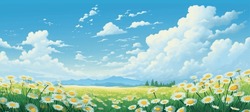 Vector Sunflowers Meadow In Oil Painting: Flowers Banner With Blue Sky With Clouds