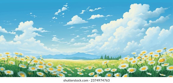 Vector Sunflowers Meadow in Oil Painting: Flowers Banner with blue sky with clouds