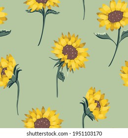 Vector Sunflowers in Natural Colosr on Soft Pastel Green seamless pattern background. Perfect for fabric, scrapbooking and wallpaper projects.