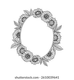 Vector sunflowers oval frame illustration, line art floral wreath. Graphic monochrome drawing. Hand drawn flowers outline sketch, engraved illustration. Template for Easter, wedding invitation, logo.