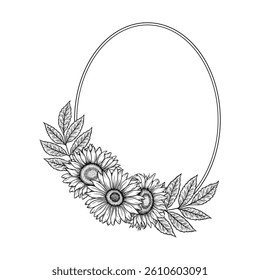 Vector sunflowers oval frame illustration, line art floral wreath. Graphic monochrome drawing. Hand drawn flowers outline sketch, engraved illustration. Template for Easter, wedding invitation, logo.