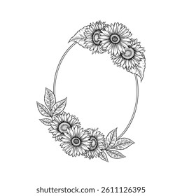 Vector girasoles oval marco ilustración, línea de arte floral corona. Dibujo gráfico monocromo. Dibujado a mano boceto de contorno de flores, ilustración grabado. Plantilla para Pascua, invitación de boda, logotipo.