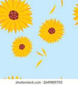 Vector de girasoles y pétalos flotando en el viento, patrón de flores sin costuras con un diseño mínimo. Patrón pastel con un simple Vector dibujado a mano.