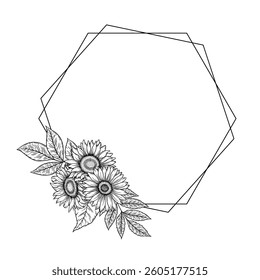 Vector sunflowers polygon frame illustration, line art floral composition. Graphic monochrome drawing. Hand drawn flowers outline sketch, engraved illustration. Template for wedding invitation, logo.