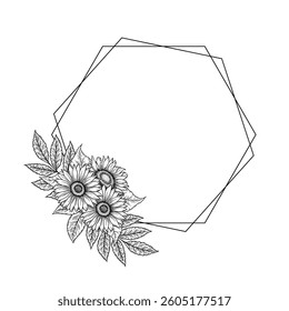 Vector sunflowers polygon frame illustration, line art floral composition. Graphic monochrome drawing. Hand drawn flowers outline sketch, engraved illustration. Template for wedding invitation, logo.