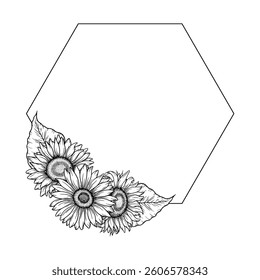Vector sunflowers polygon frame illustration, line art floral composition. Graphic monochrome drawing. Hand drawn flowers outline sketch, engraved illustration. Template for wedding invitation, logo.