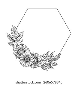 Vector sunflowers polygon frame illustration, line art floral composition. Graphic monochrome drawing. Hand drawn flowers outline sketch, engraved illustration. Template for wedding invitation, logo.