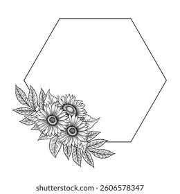Vector sunflowers polygon frame illustration, line art floral composition. Graphic monochrome drawing. Hand drawn flowers outline sketch, engraved illustration. Template for wedding invitation, logo.
