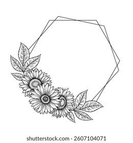 Vector sunflowers polygon frame illustration, line art floral composition. Graphic monochrome drawing. Hand drawn flowers outline sketch, engraved illustration. Template for wedding invitation, logo.